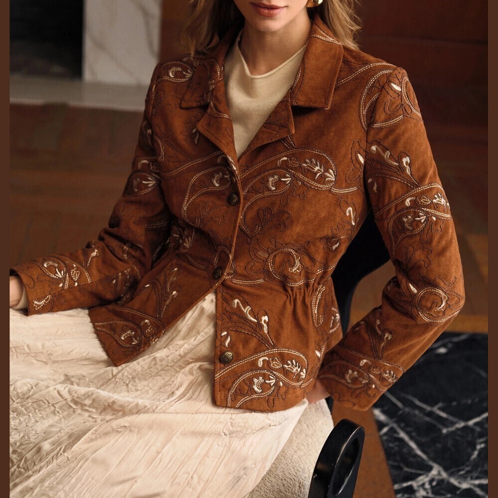 Cognac Brown Suede Embroidered Paisley Blazer